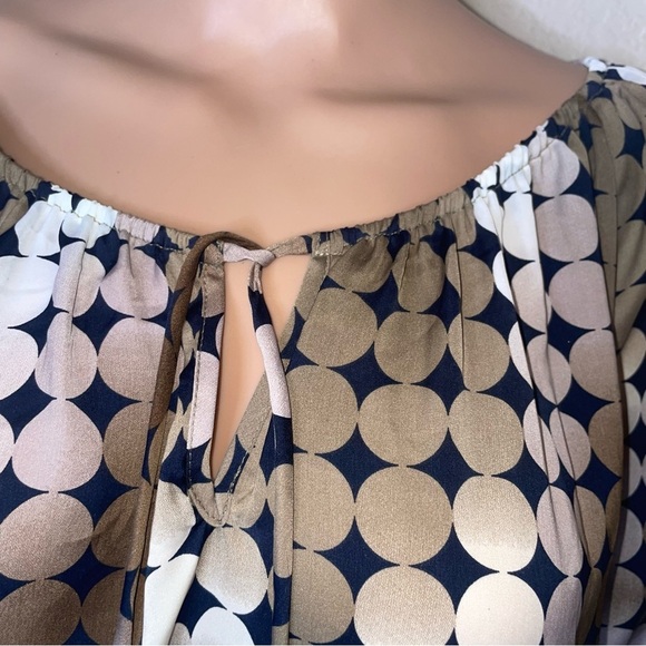 Ellen Tracy Long Sleeve TOP Blouse Large Brown Yellow Geometric Dots Crew SZ XL - Picture 7 of 13